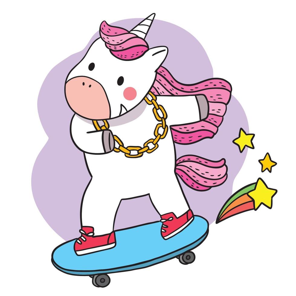 mano dibujar dibujos animados lindo unicornio jugando en patineta vector