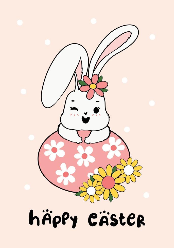 Cute Spring Bunny on flower Easter egg Happy Spring Easter, cute cartoon doodle drawing illustration vector