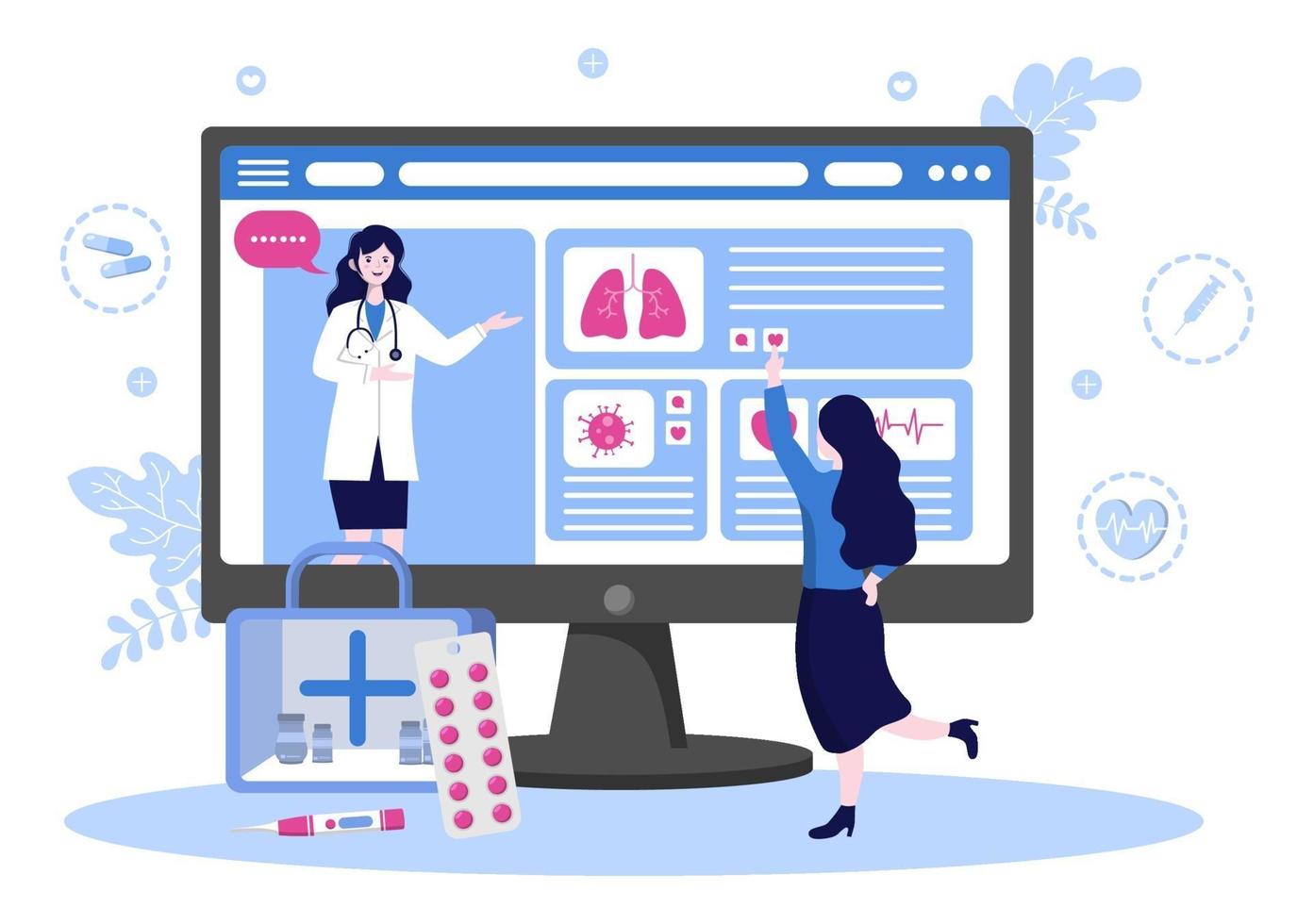 Online Healthcare and Medical Concept of Doctor Vector Illustration, Medicine Consultation and Treatment via Application of Smartphone or Computer Connected Internet Clinic