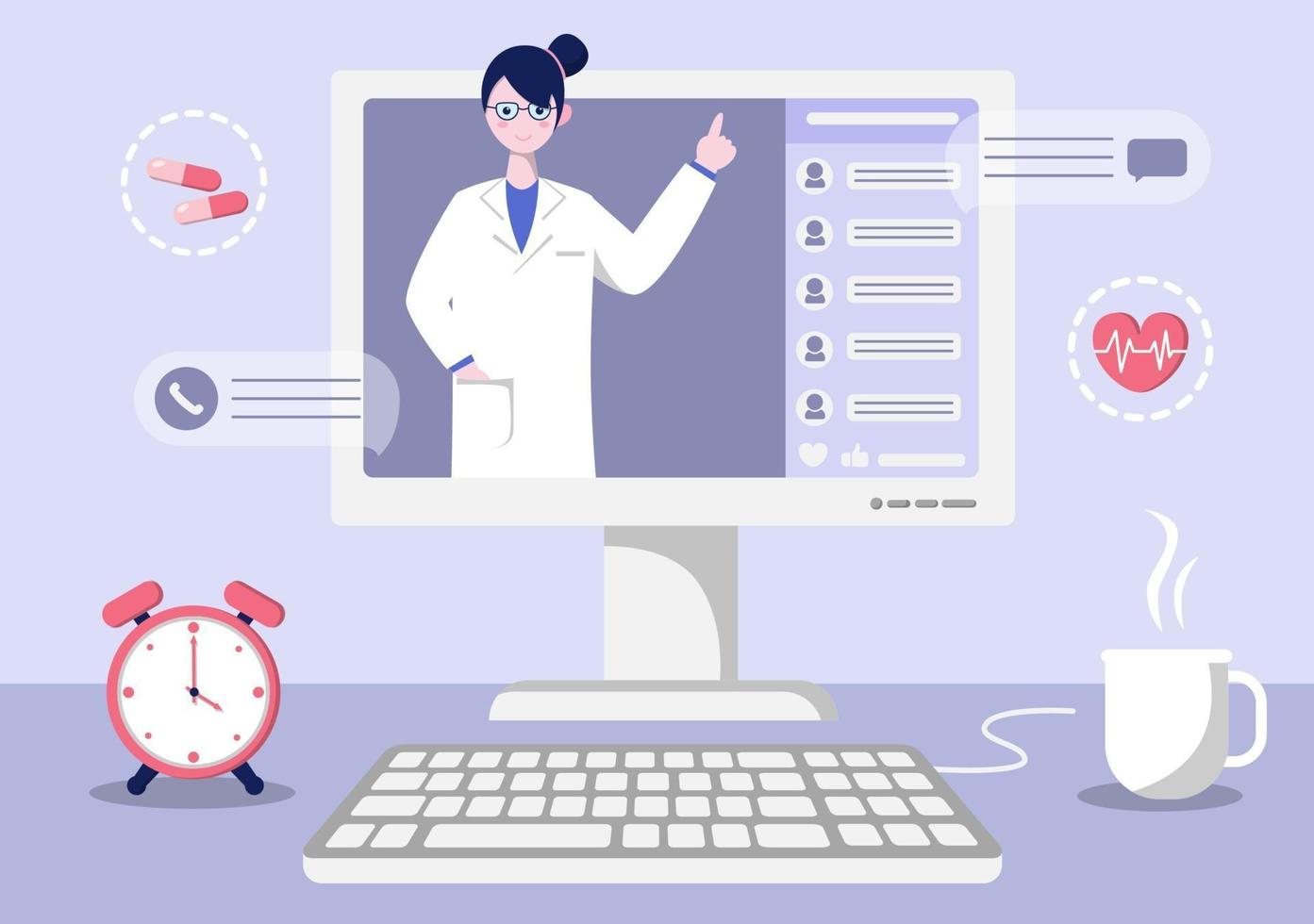 Atención médica en línea y concepto médico de la ilustración de vector de médico, consulta médica y tratamiento a través de la aplicación de teléfono inteligente o clínica de internet conectada a una computadora