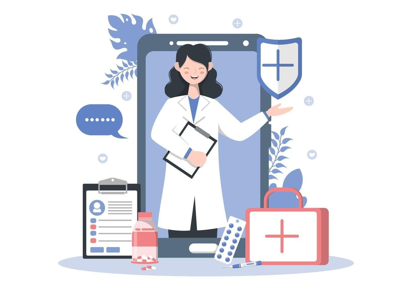 Online Healthcare and Medical Concept of Doctor Vector Illustration, Medicine Consultation and Treatment via Application of Smartphone or Computer Connected Internet Clinic