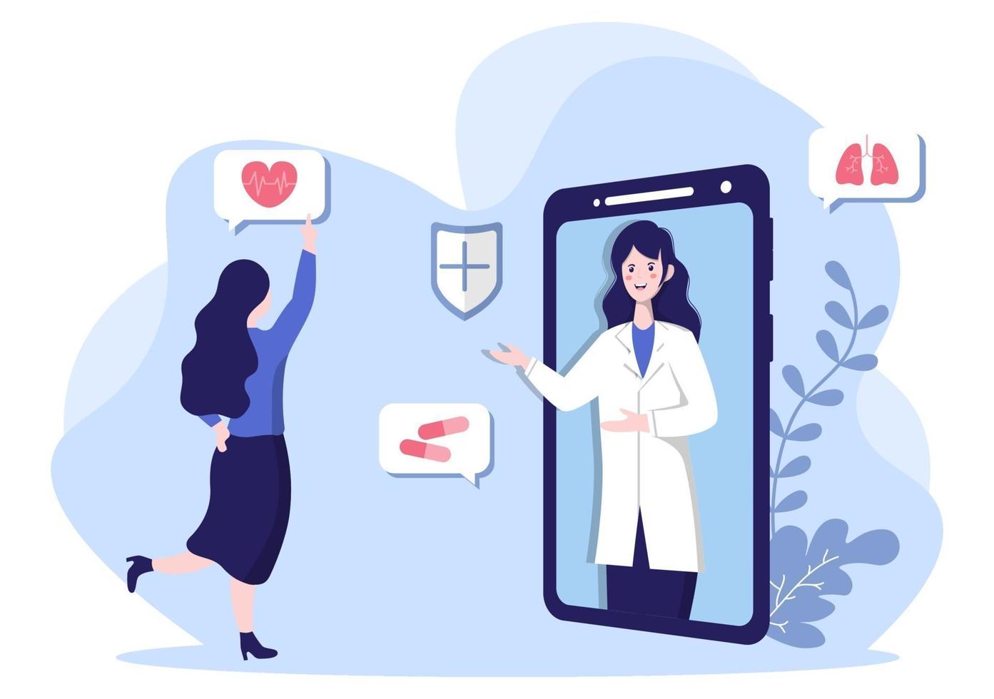 Atención médica en línea y concepto médico de la ilustración de vector de médico, consulta médica y tratamiento a través de la aplicación de teléfono inteligente o clínica de internet conectada a una computadora