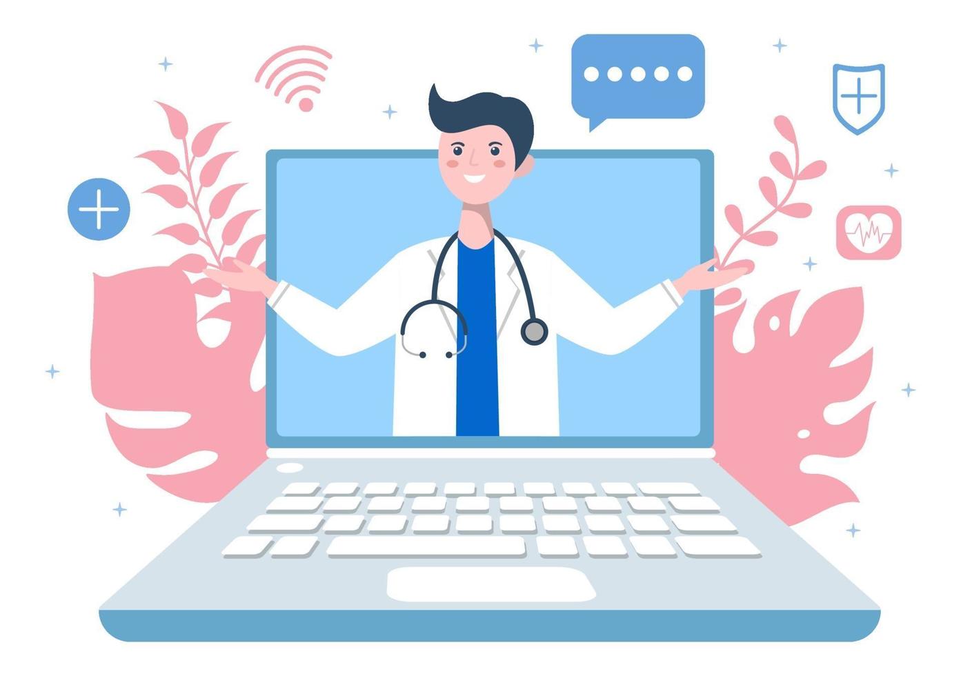 Atención médica en línea y concepto médico de la ilustración de vector de médico, consulta médica y tratamiento a través de la aplicación de teléfono inteligente o clínica de internet conectada a una computadora