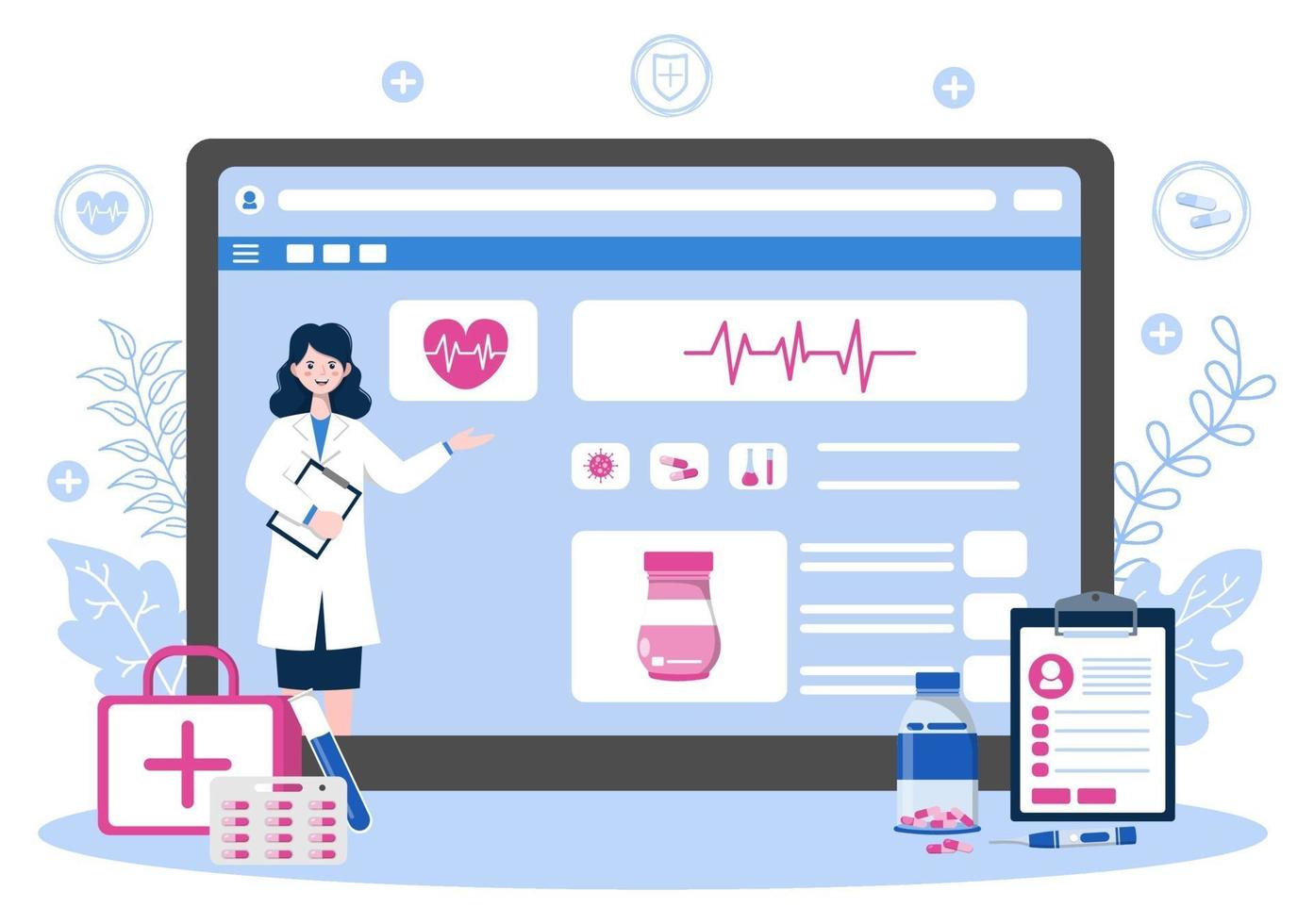 Atención médica en línea y concepto médico de la ilustración de vector de médico, consulta médica y tratamiento a través de la aplicación de teléfono inteligente o clínica de internet conectada a una computadora