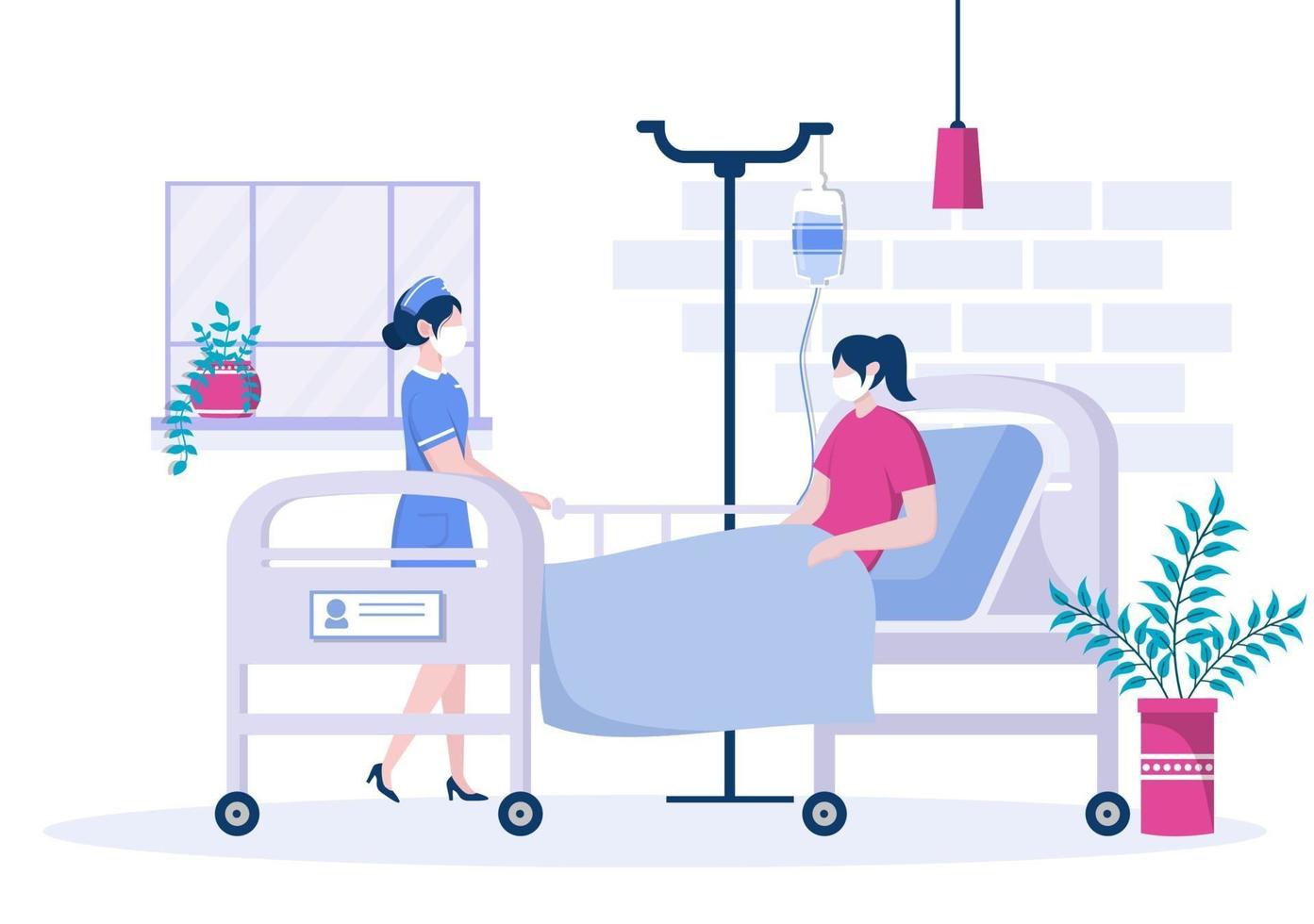 médico o enfermera en mascarilla ayudando con un paciente, la enfermera empuja la silla de ruedas con el hombre discapacitado. concentración de personal médico vector