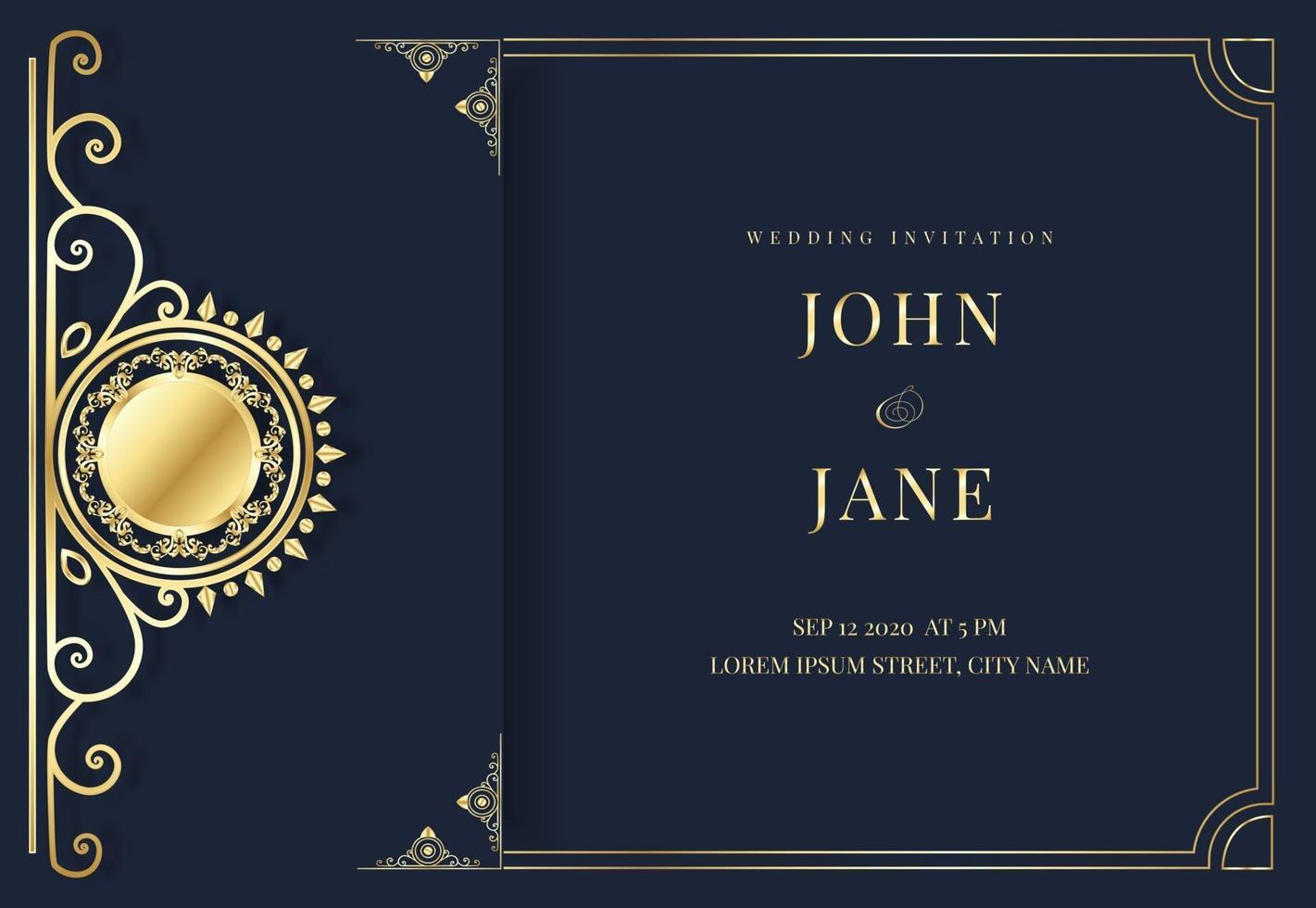 luxury blue and golden wedding invitation vector