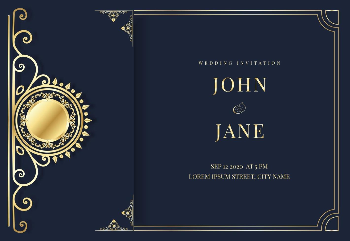 luxury blue and golden wedding invitation vector