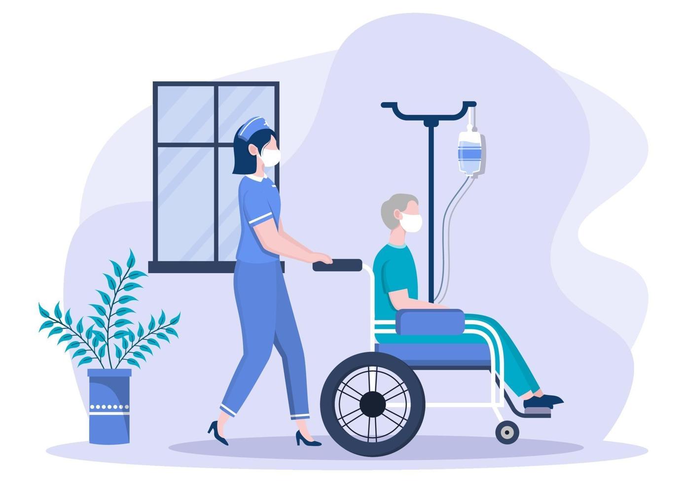 Doctor or Nurse in Face Mask Helping with an Patient, The Nurse Pushes the Wheelchair with Disabled Man. Concentration of Medical Personnel vector