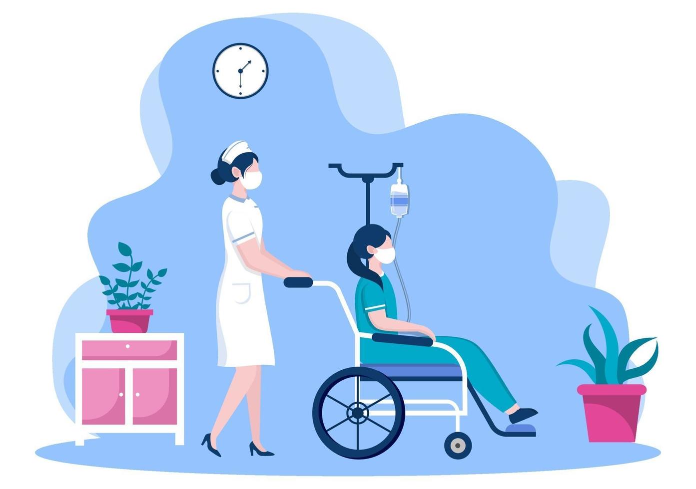 Doctor or Nurse in Face Mask Helping with an Patient, The Nurse Pushes the Wheelchair with Disabled Man. Concentration of Medical Personnel vector