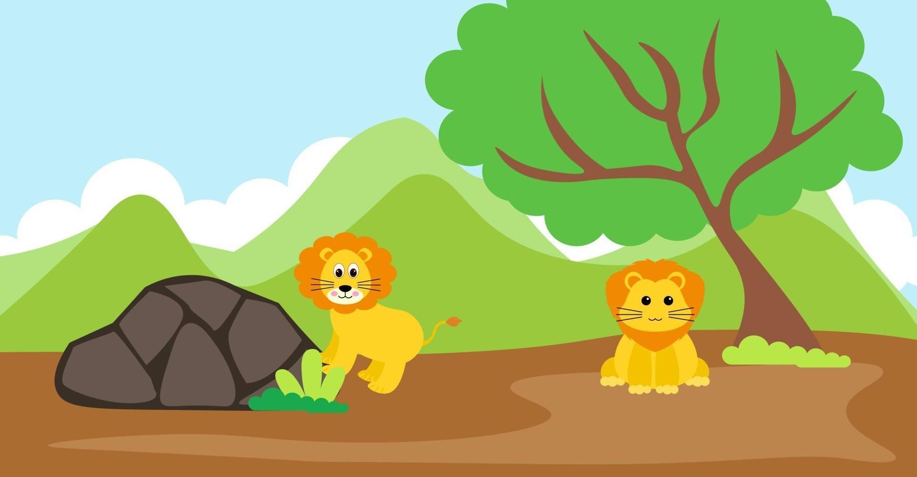 León vector animales lindos en estilo de dibujos animados, animales salvajes, diseños para ropa de bebé. personajes dibujados a mano