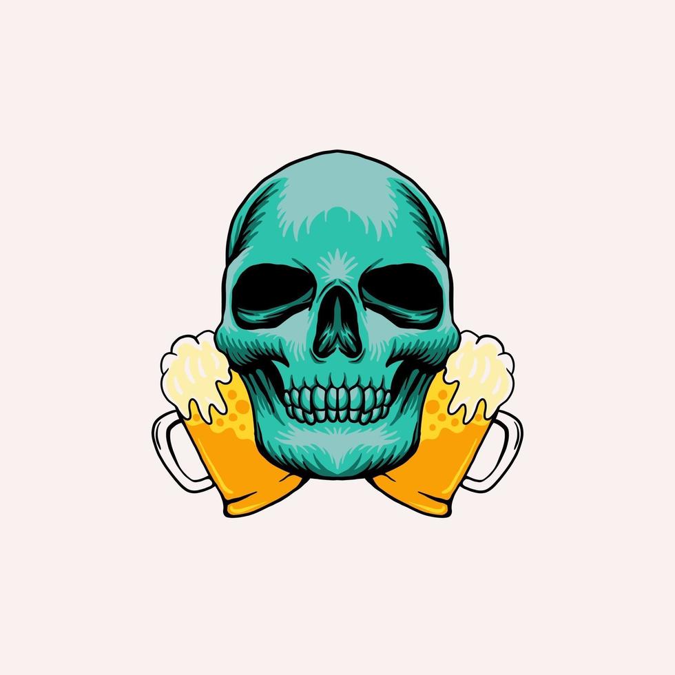 calavera con jarras de cerveza vector