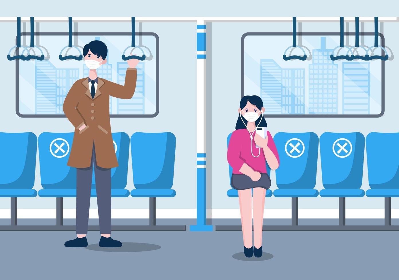 personas que usan máscaras y mantienen el distanciamiento social mientras viajan en tren para prevenir la enfermedad por coronavirus, ilustración vectorial vector