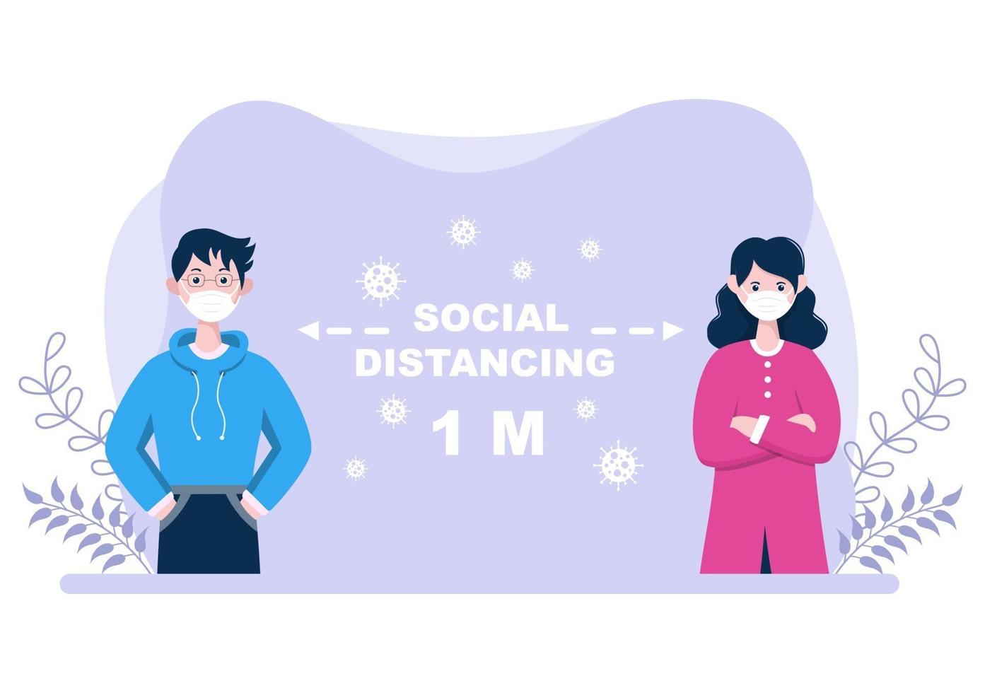 People Who Wear Masks and Maintain a Minimum Social Distancing of 1 Meter to Prevent Coronavirus Disease, Vector Illustration