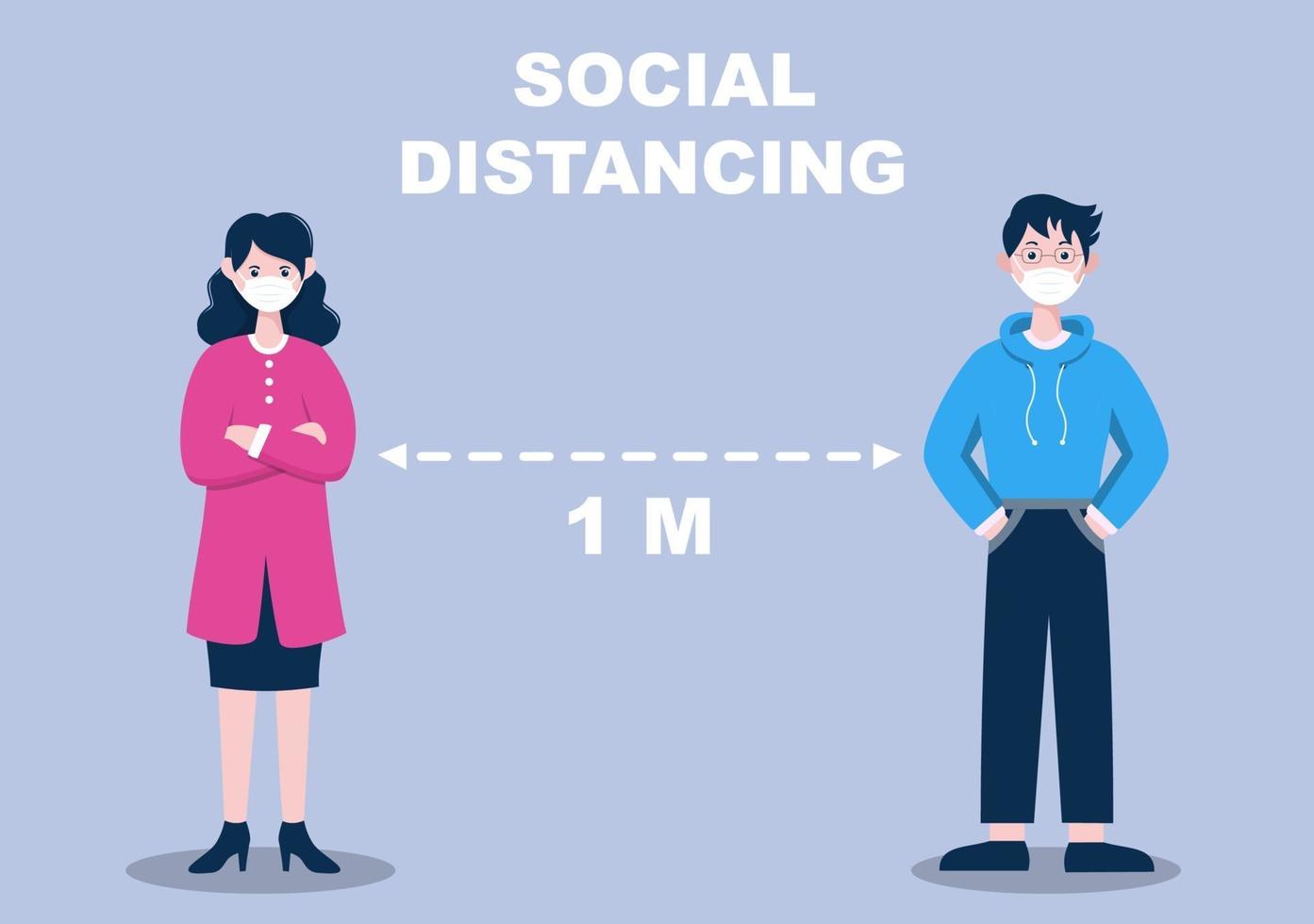 People Who Wear Masks and Maintain a Minimum Social Distancing of 1 Meter to Prevent Coronavirus Disease, Vector Illustration