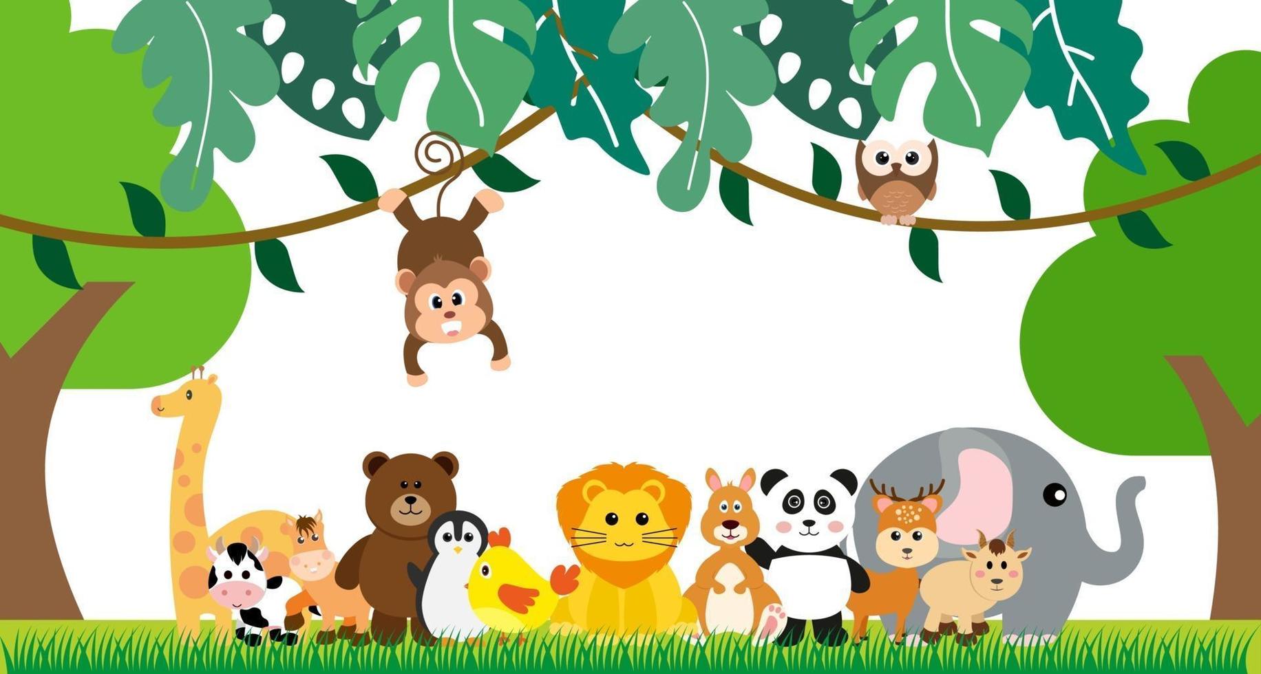 vector lindos animales de la selva en estilo de dibujos animados, animales salvajes, diseños de zoológicos para el fondo, ropa de bebé. personajes dibujados a mano