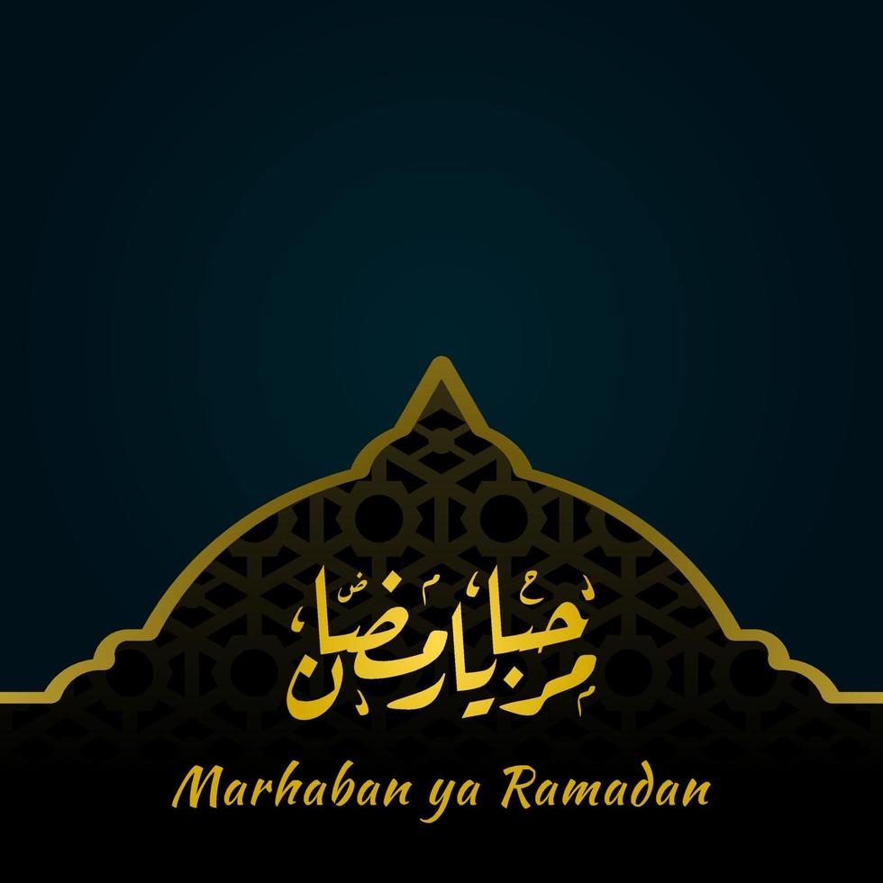 banner marhaban ya ramadhan con caligrafía, mezquita adecuada para tarjetas de felicitación, folletos, carteles, portadas, web, publicaciones en redes sociales o historias vector