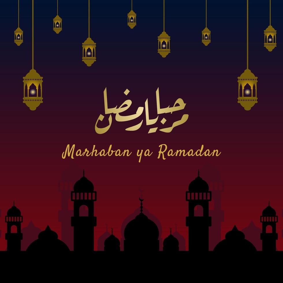 Marhaban ya Ramadhan banner with calligraphy, mosque, lantern on pastel color suitable for greeting cards, flyer, poster, cover, web, social media post or stories vector