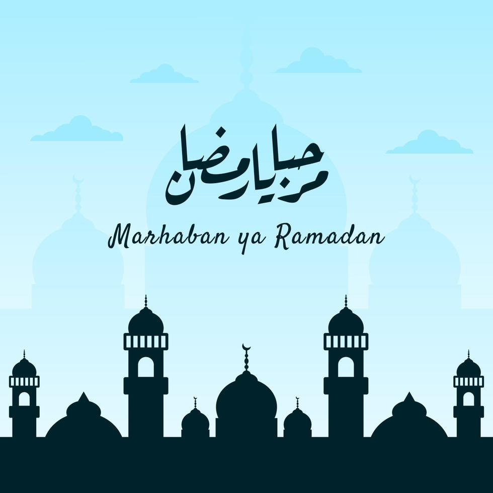 Marhaban ya Ramadhan banner with calligraphy, mosque on pastel color suitable for greeting cards, flyer, poster, cover, web, social media post or stories vector