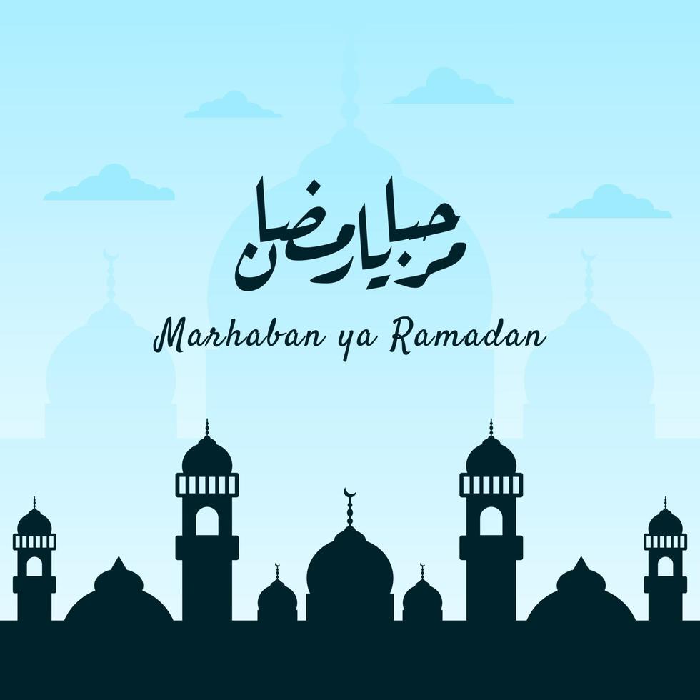 banner marhaban ya ramadhan con caligrafía, mezquita en color pastel adecuado para tarjetas de felicitación, folletos, carteles, portadas, web, publicaciones en redes sociales o historias vector