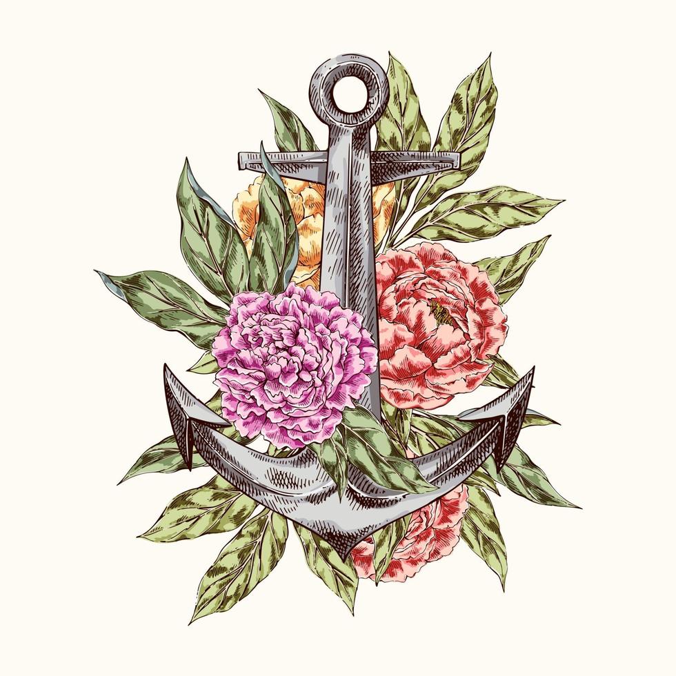 El ancla de mar con logo de flores de peonías. vector