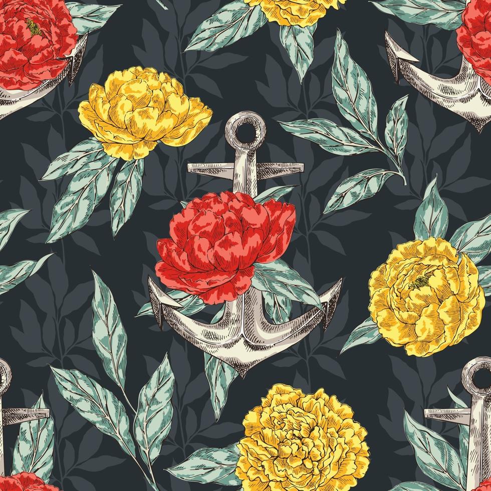 Anchor and peonies seamless pattern vector