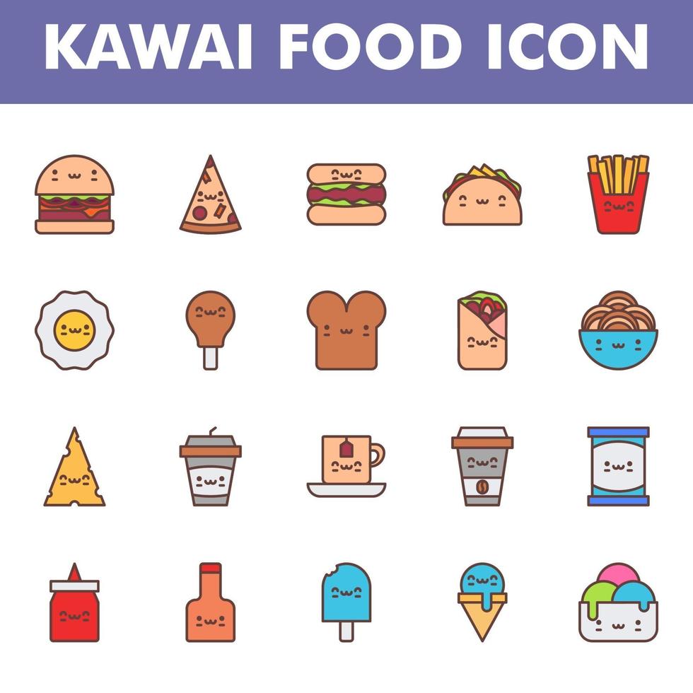 paquete de iconos de comida kawai aislado sobre fondo blanco. kawai y linda ilustración de comida. para el diseño de su sitio web, logotipo, aplicación, interfaz de usuario. Ilustración de gráficos vectoriales y trazo editable. eps 10. vector