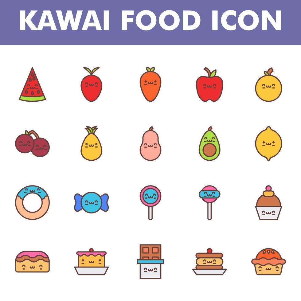 Kawai food icon pack isolated on white background. Kawai and cute food illustration. for your web site design, logo, app, UI. Vector graphics illustration and editable stroke. EPS 10.