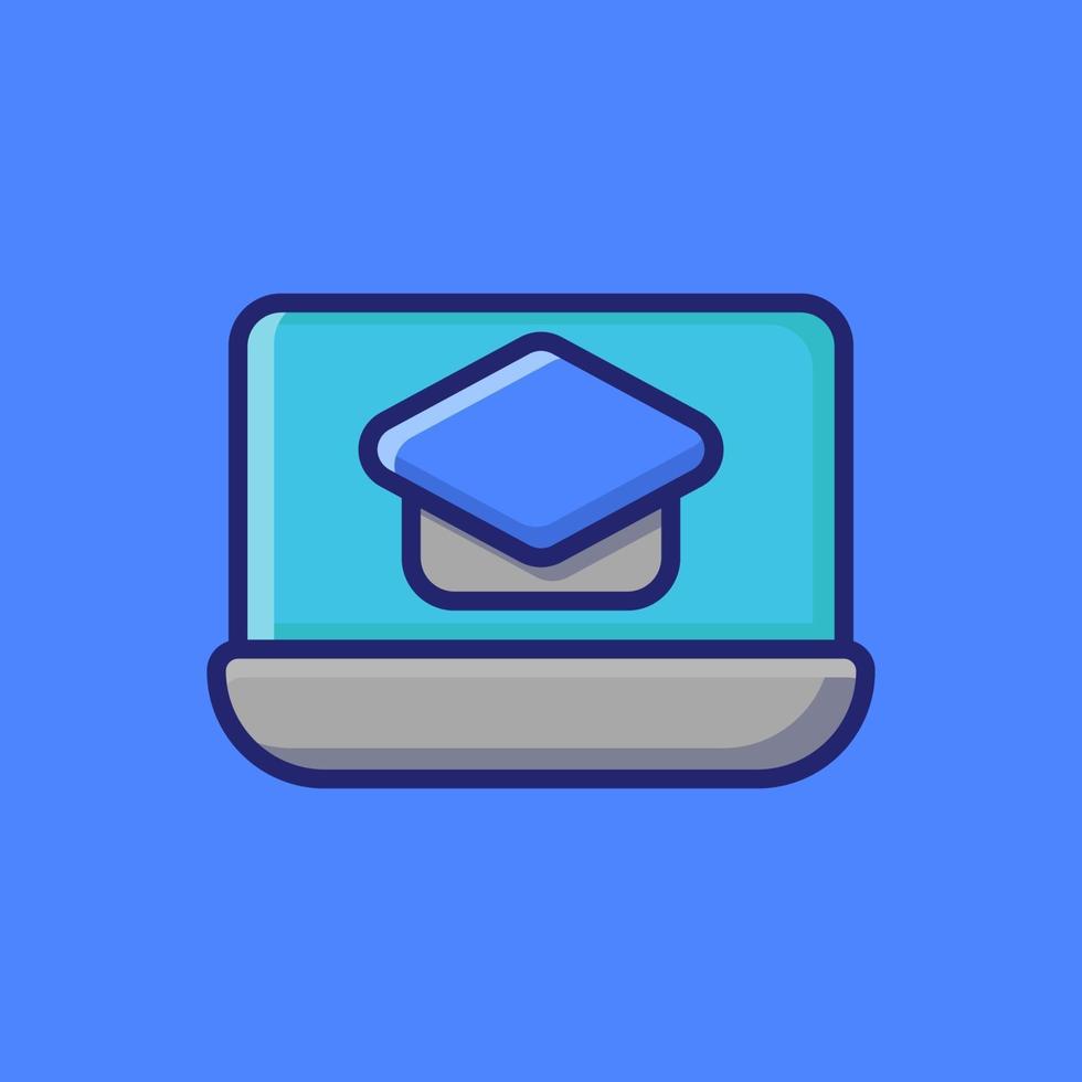 Laptop With Mortarboard Vector Icon Illustration. Flat Cartoon Style Suitable For Web Landing Page, Banner, Sticker, Background.