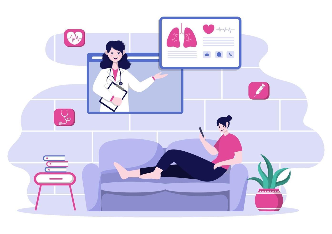 Online Healthcare and Medical Concept of Doctor Vector Illustration, Medicine Consultation and Treatment via Application of Smartphone or Computer Connected Internet Clinic