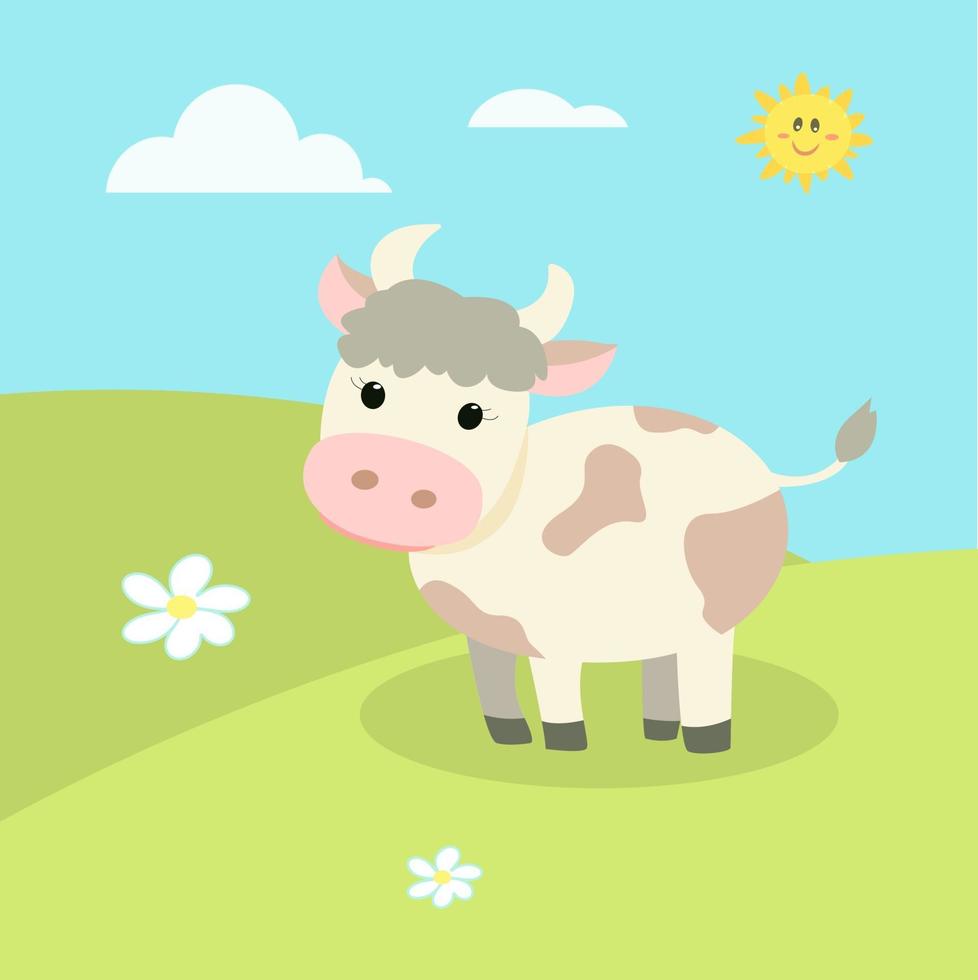 cute farm animals, landscape with cartoon cow vector image