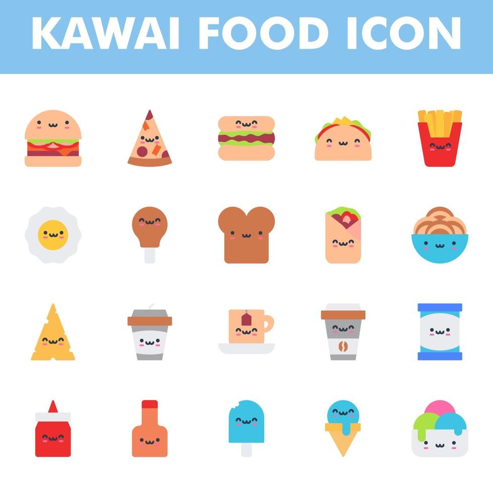 Kawai food icon pack isolated on white background. Kawai and cute food illustration. for your web site design, logo, app, UI. Vector graphics illustration and editable stroke. EPS 10.