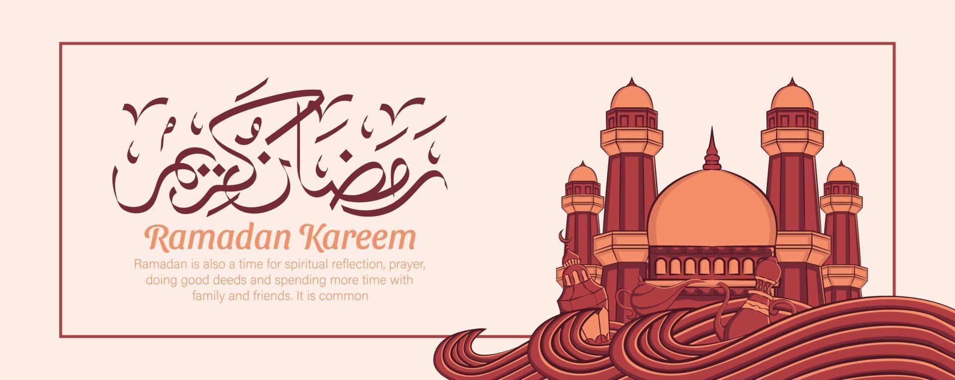 Banner de Ramadán Kareem con adornos de ilustración islámica dibujados a mano sobre fondo blanco. vector