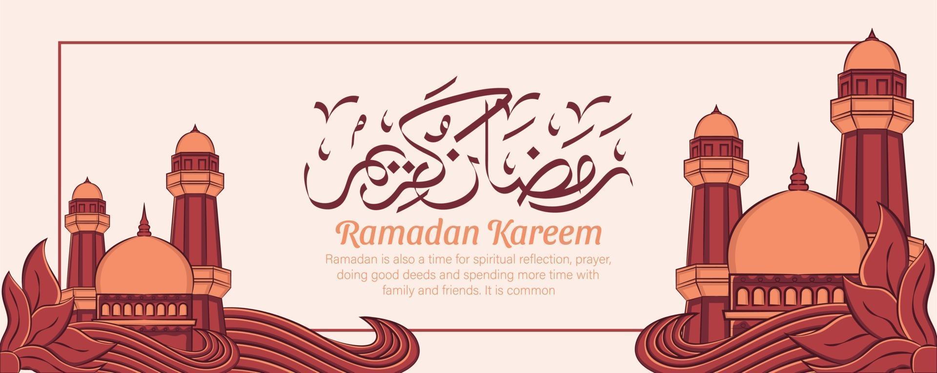 Banner de Ramadán Kareem con adornos de ilustración islámica dibujados a mano sobre fondo blanco. vector