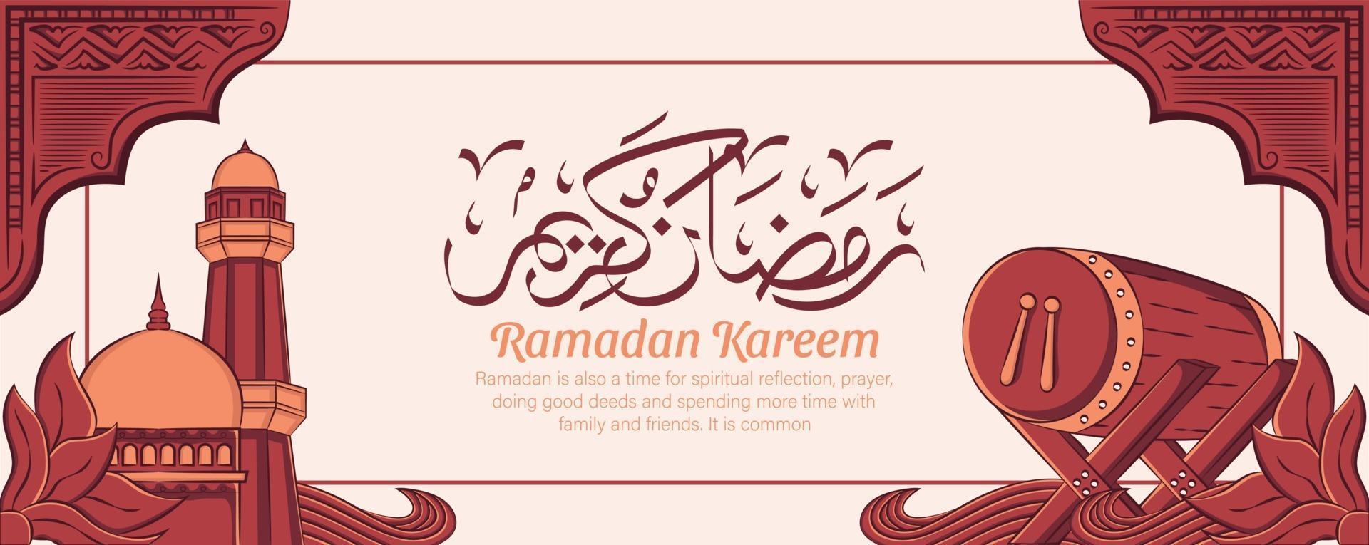 Ramadan kareem banner with hand drawn islamic illustration ornament on white background. vector