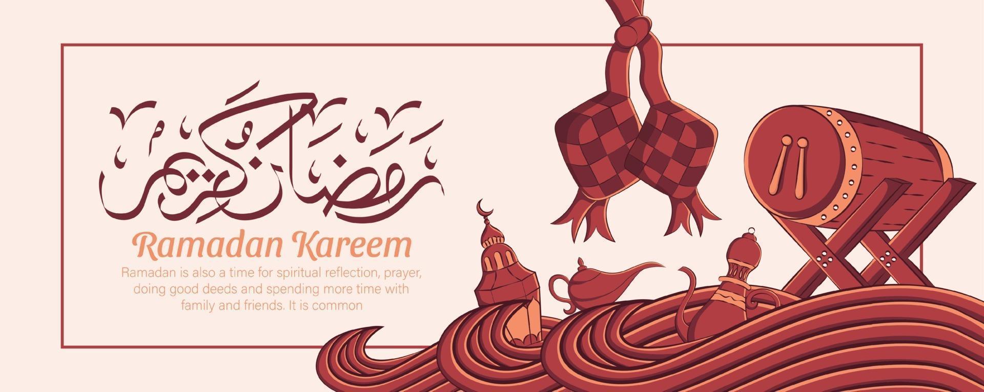 Banner de Ramadán Kareem con adornos de ilustración islámica dibujados a mano sobre fondo blanco. vector