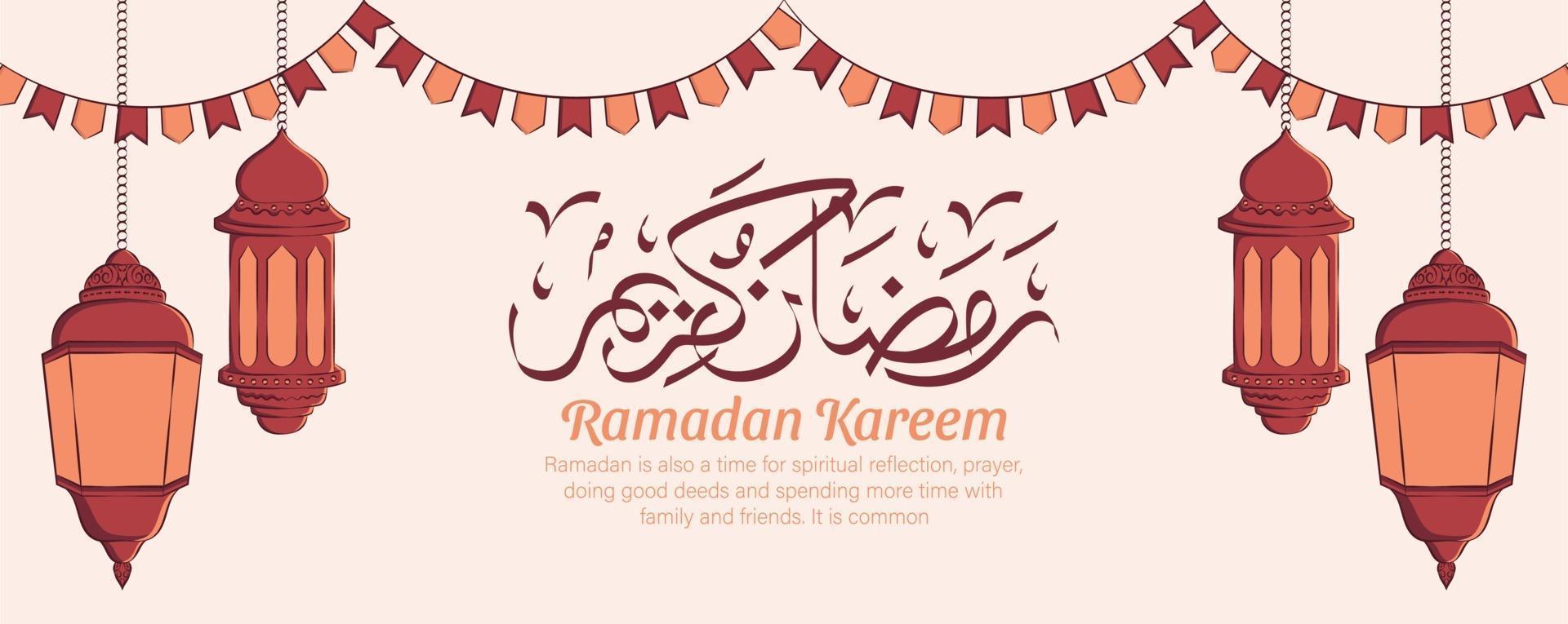 Banner de Ramadán Kareem con adornos de ilustración islámica dibujados a mano sobre fondo blanco. vector