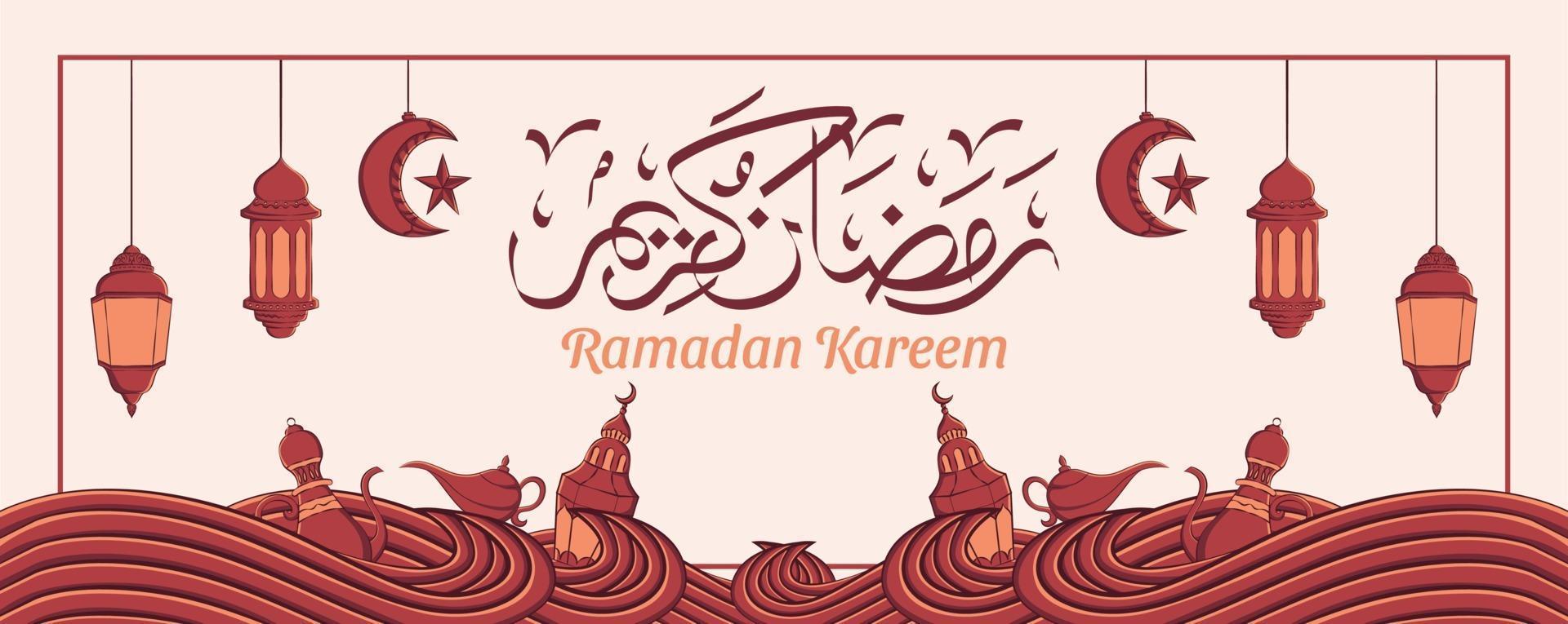 Banner de Ramadán Kareem con adornos de ilustración islámica dibujados a mano sobre fondo blanco. vector