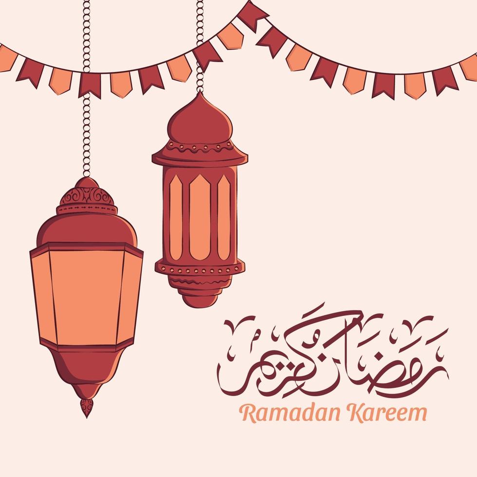 Hand drawn illustration of ramadan kareem or eid mubarak greeting concept in white background. vector