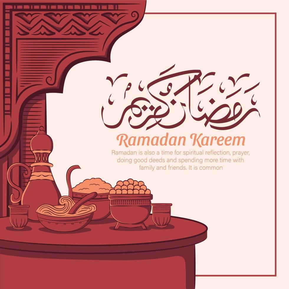 Hand drawn illustration of Ramadan Kareem Iftar party celebration. Islamic Holy Month 1442 H. vector