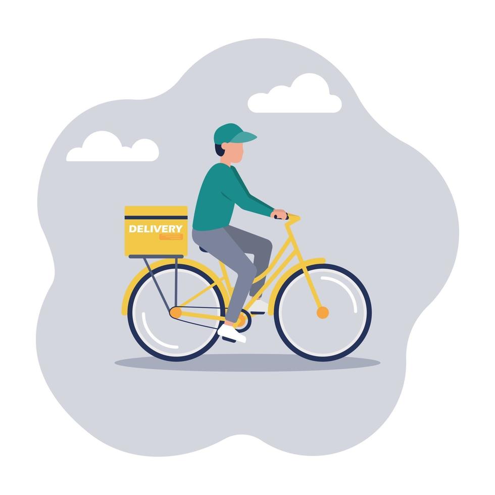 vector ilustración plana de entrega de mensajería a su hogar u oficina desde una tienda en línea, almacén en bicicleta, entrega rápida