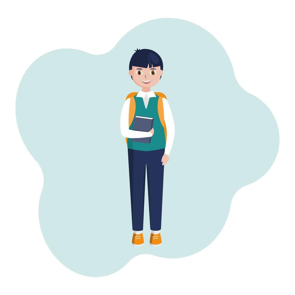 un colegial con un libro en la mano y una mochila sonríe, un niño alegre con un chaleco con camisa y pantalón. vector de imagen plana