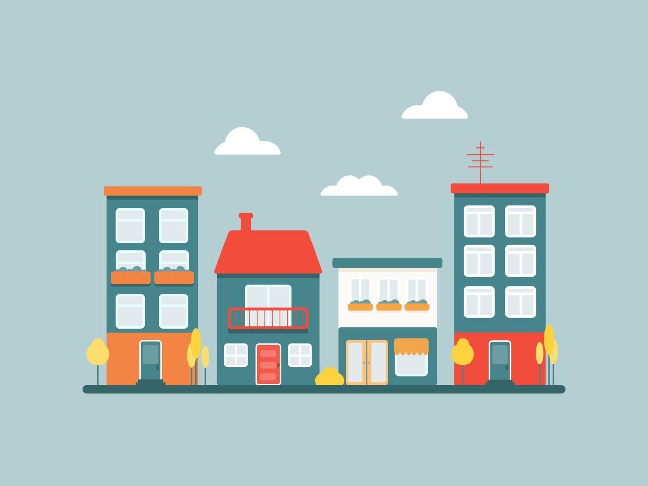 Vector flat urban landscape with multicolored colorful houses on a blue background