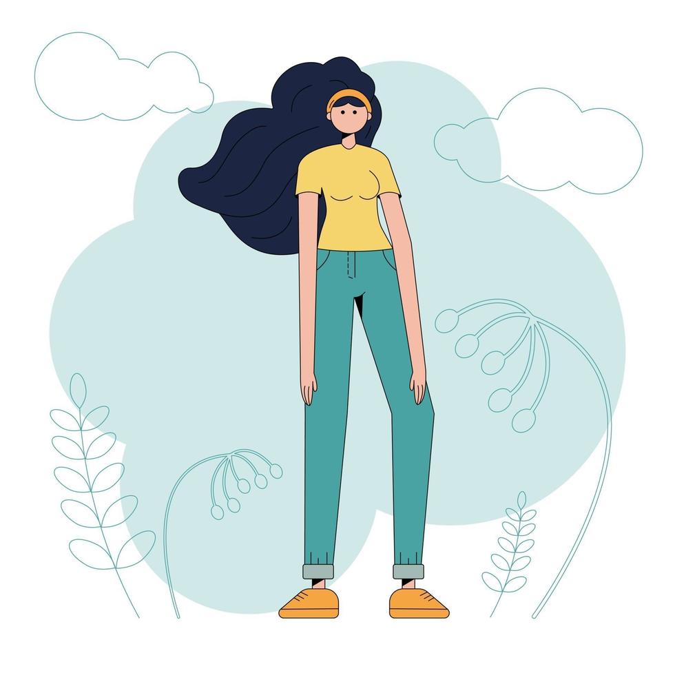 Vector imagen plana de una niña con cabello largo en el viento en jeans, zapatillas y una camiseta sobre un fondo de nubes y plantas. caminar en la naturaleza, exageración de proporciones