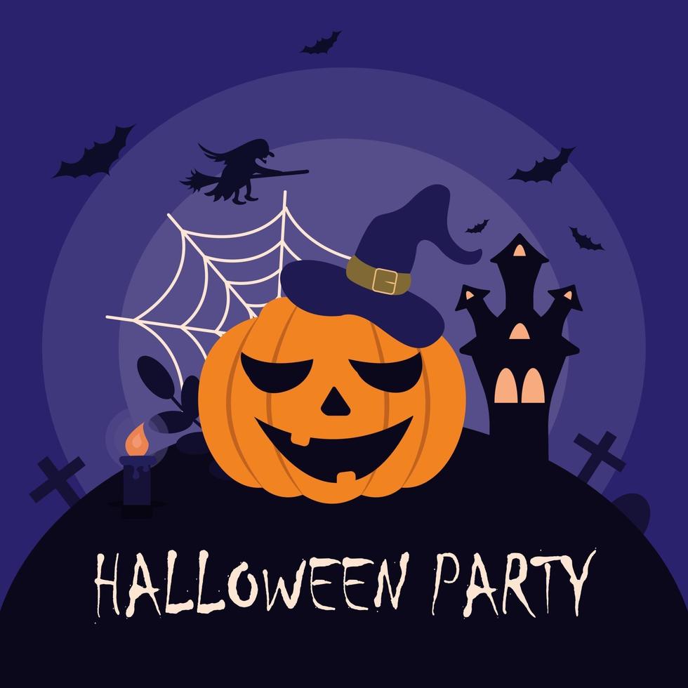 Vector illustration on the theme of Halloween, which shows, pumpkin in a hat, bats, witch, spider web, candle, castle.