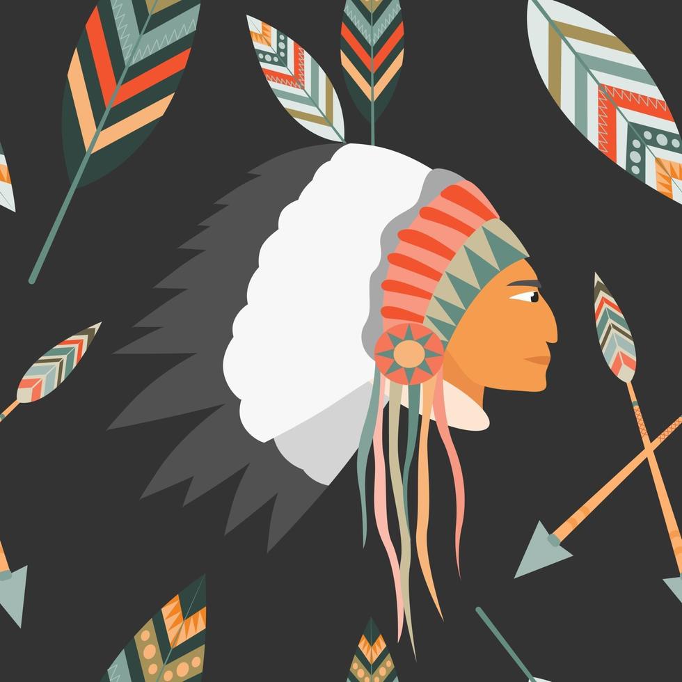 Vector seamless pattern with the profile of an Indian in a headdress with feathers and arrows