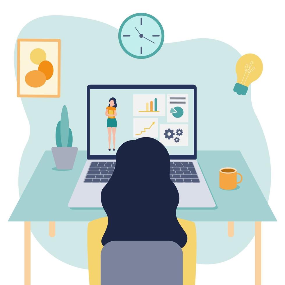 Vector flat illustration of learning online at home. The girl is sitting in front of her laptop and looking at the screen