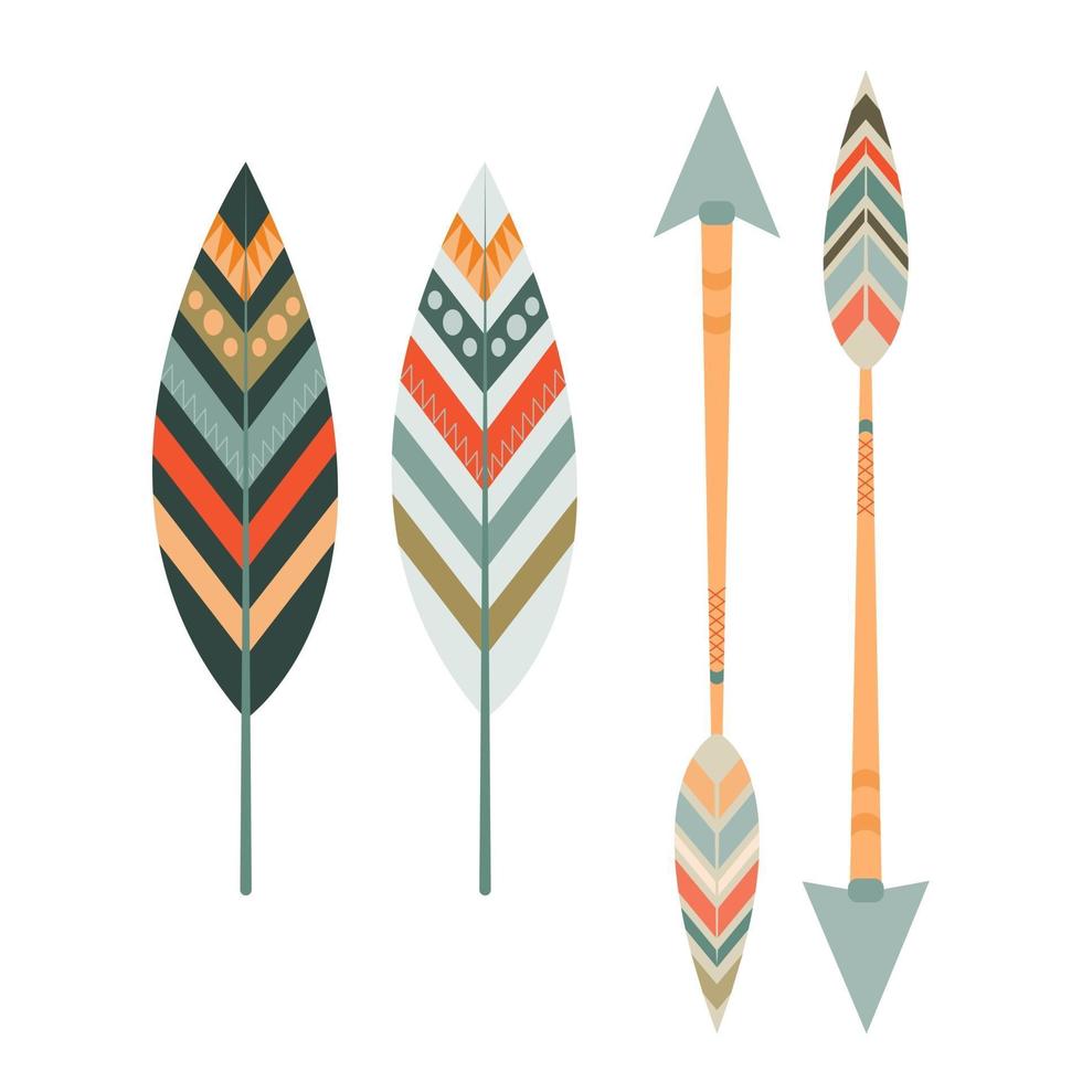 Vector flat illustration with colored feathers and arrows of Indians on a white background