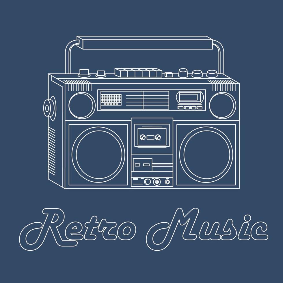 Vector illustration of a tape recorder with a white outline on a blue background, retro style