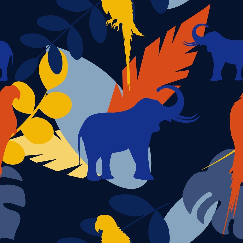 Vector seamless pattern with silhouettes of elephants, parrots and plant leaves