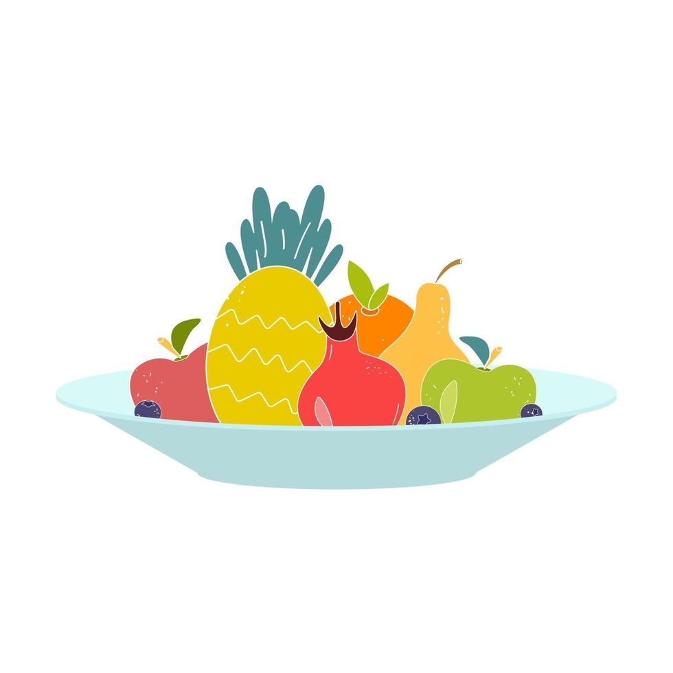 Vector flat illustration with bright juicy fruit in a salad bowl on a white background